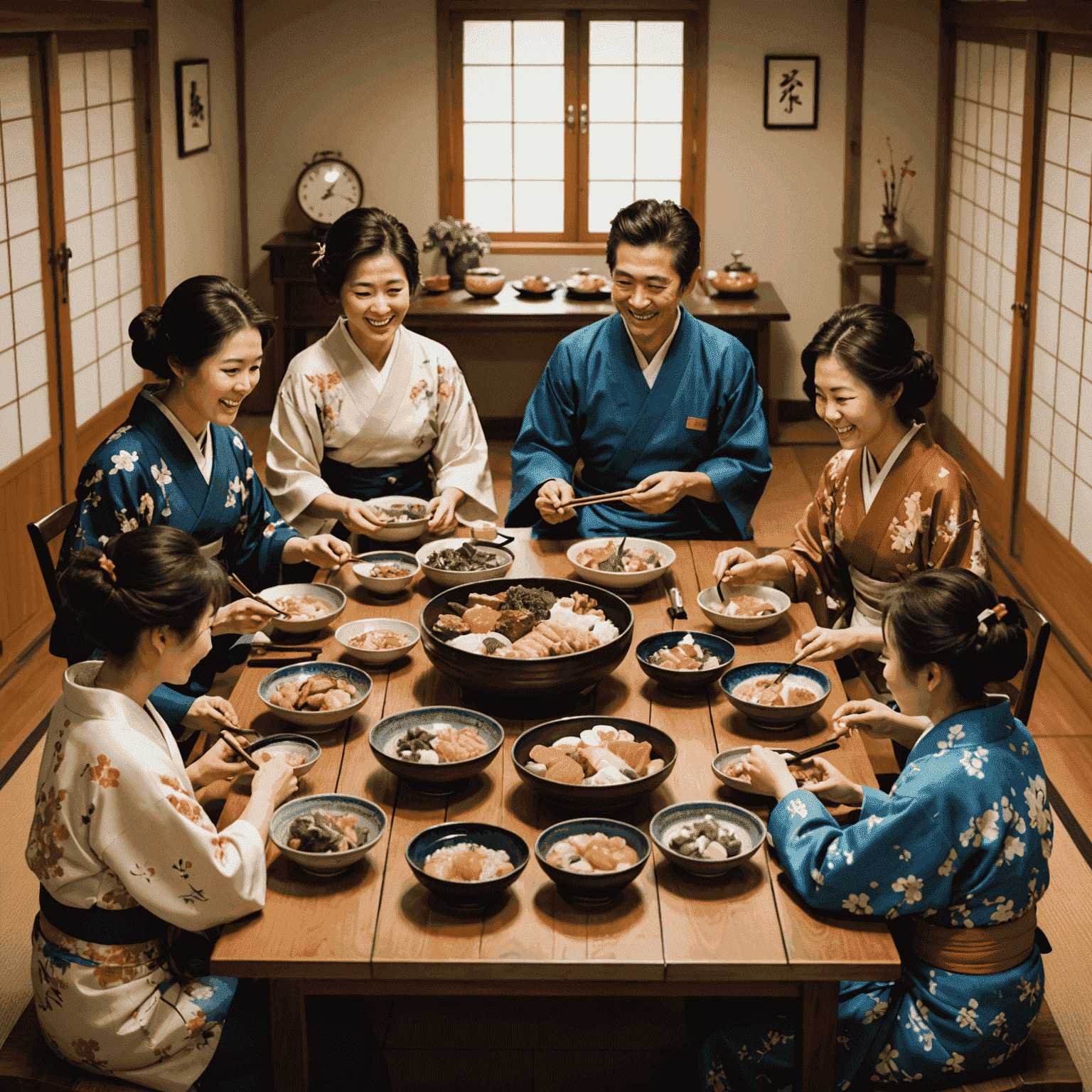 A warm family gathering around a traditional Japanese table, sharing a meal and laughing together. The image showcases a mix of modern and traditional elements, symbolizing the blend of contemporary life with family traditions.