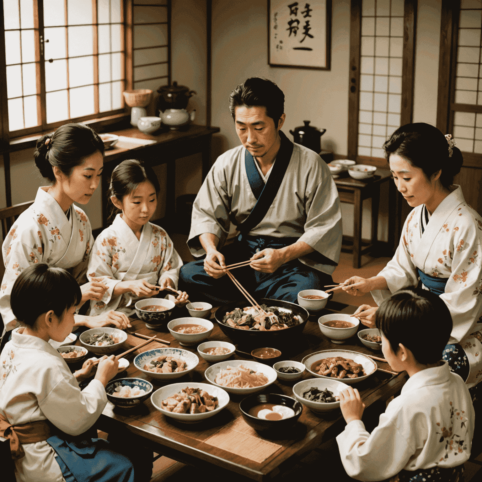 A Japanese family gathered around a low table, enjoying a traditional meal together. The image shows various dishes, chopsticks, and family members of different generations engaged in conversation.