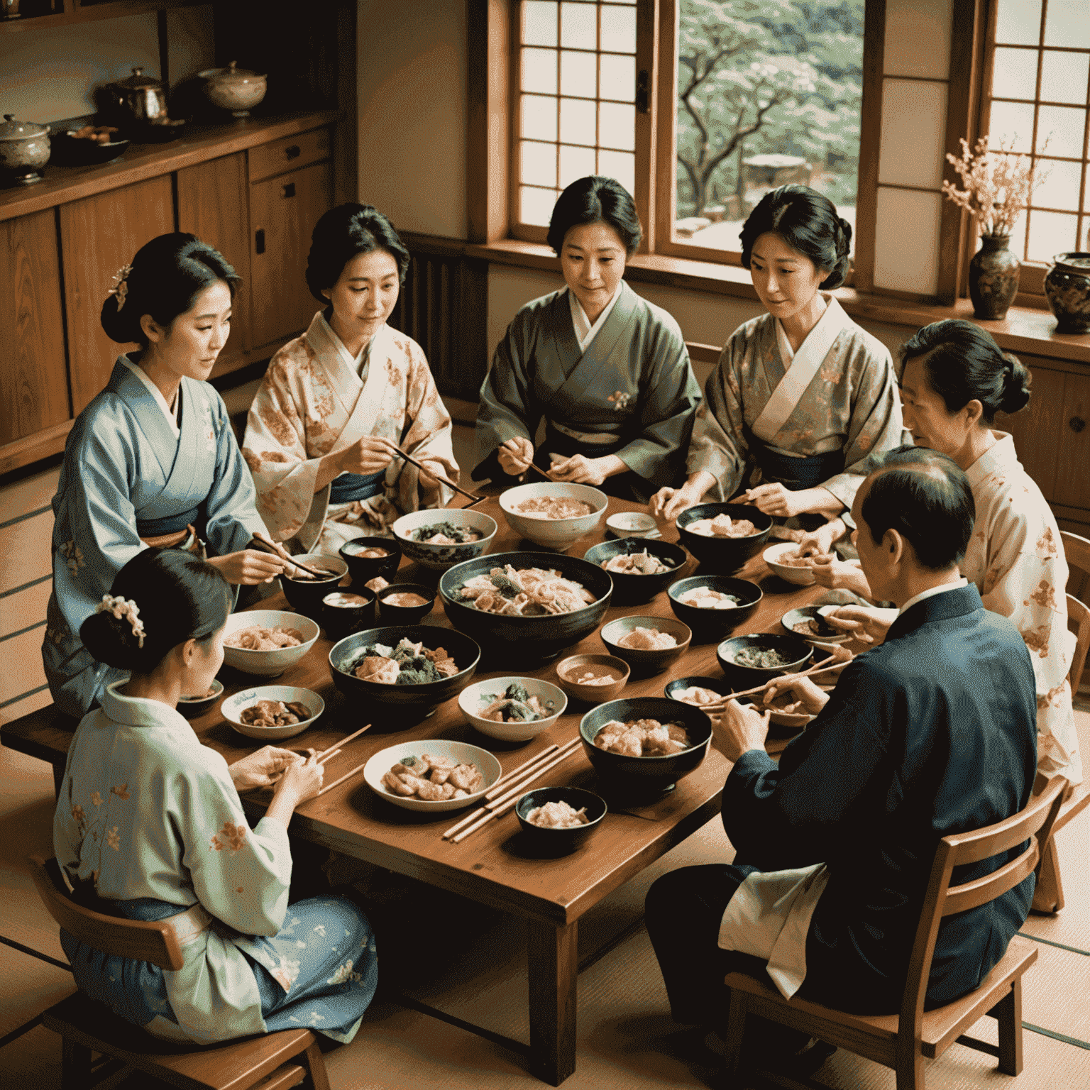 A Japanese family gathered around a low table, enjoying a traditional meal together. The image shows various dishes, chopsticks, and family members of different generations engaged in conversation.