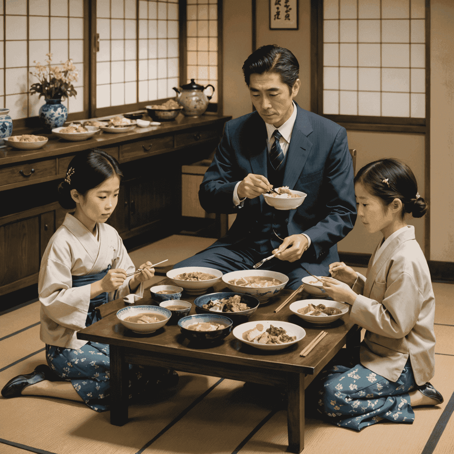 A Japanese family sitting together at a low table, enjoying a traditional meal. The father is dressed in a business suit, having just returned from work, while the mother and two children are in casual attire. The scene depicts a warm, intimate family moment contrasting with the busy work culture outside.