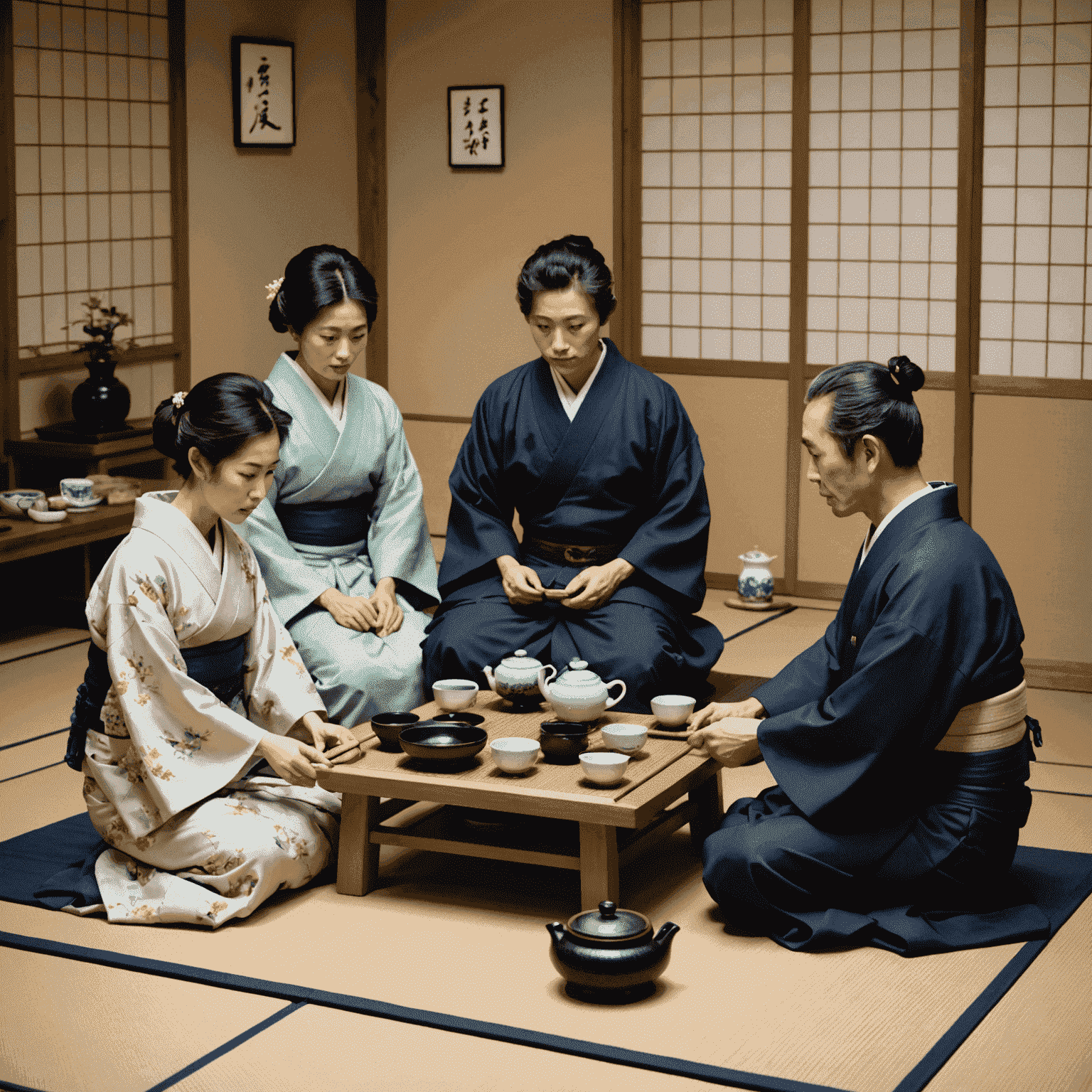 A Japanese family gathered around a low table, participating in a tea ceremony. The image shows a blend of traditional elements like tatami mats and modern touches like contemporary clothing, illustrating the adaptation of rituals in modern times.