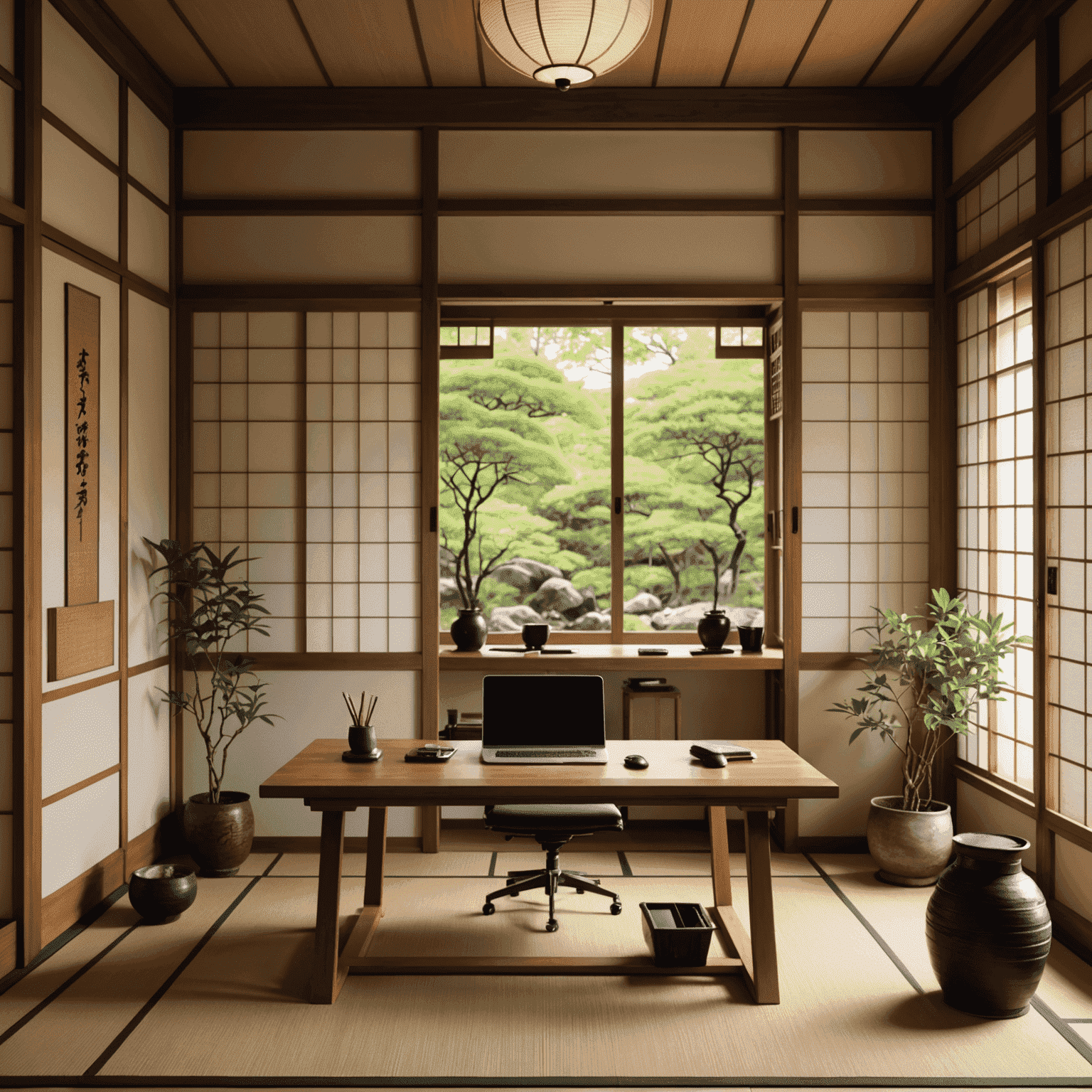 A serene Japanese home office with traditional elements like shoji screens and a low work table, blending seamlessly with modern technology