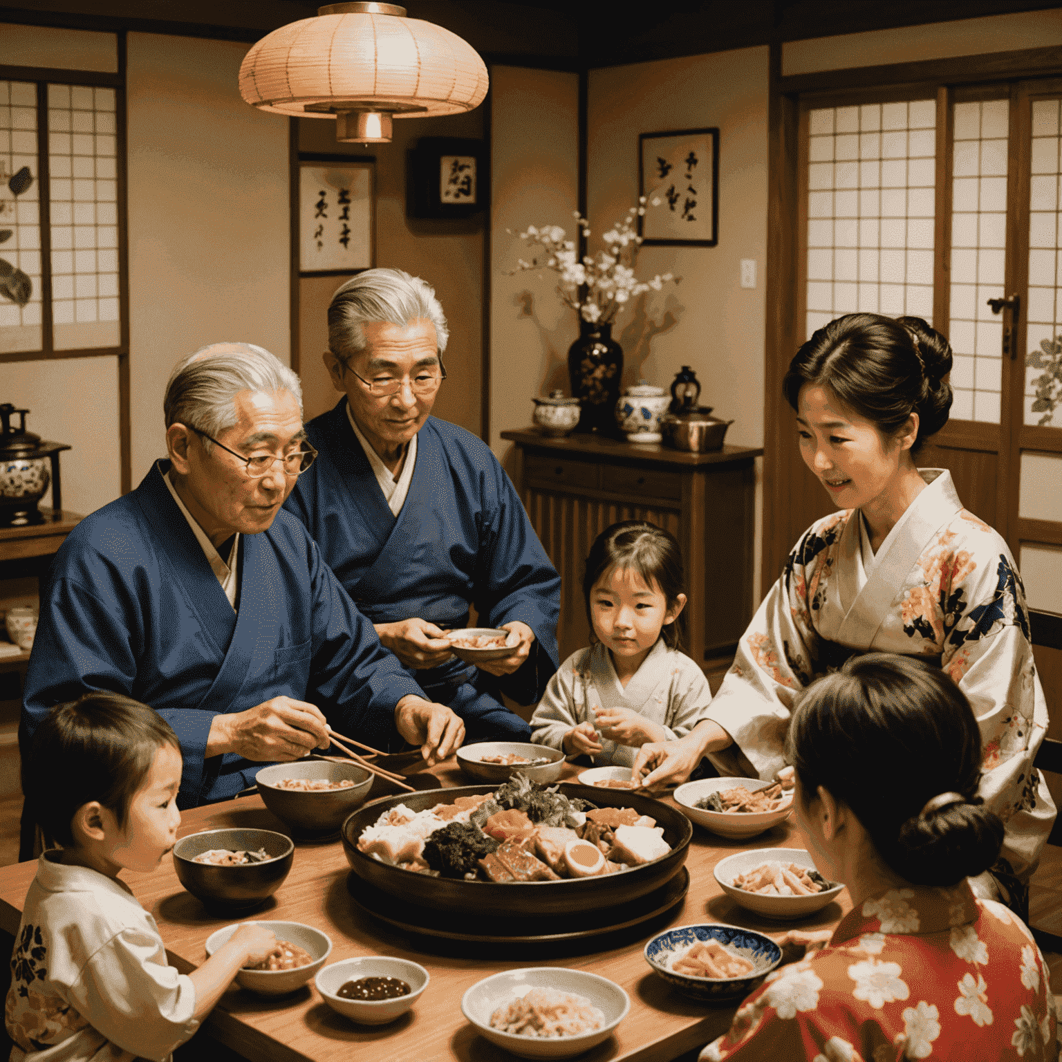 A multi-generational Japanese family gathered around a low table, engaging in conversation and sharing a traditional meal. The image shows grandparents, parents, and children interacting warmly, with traditional Japanese decor in the background.