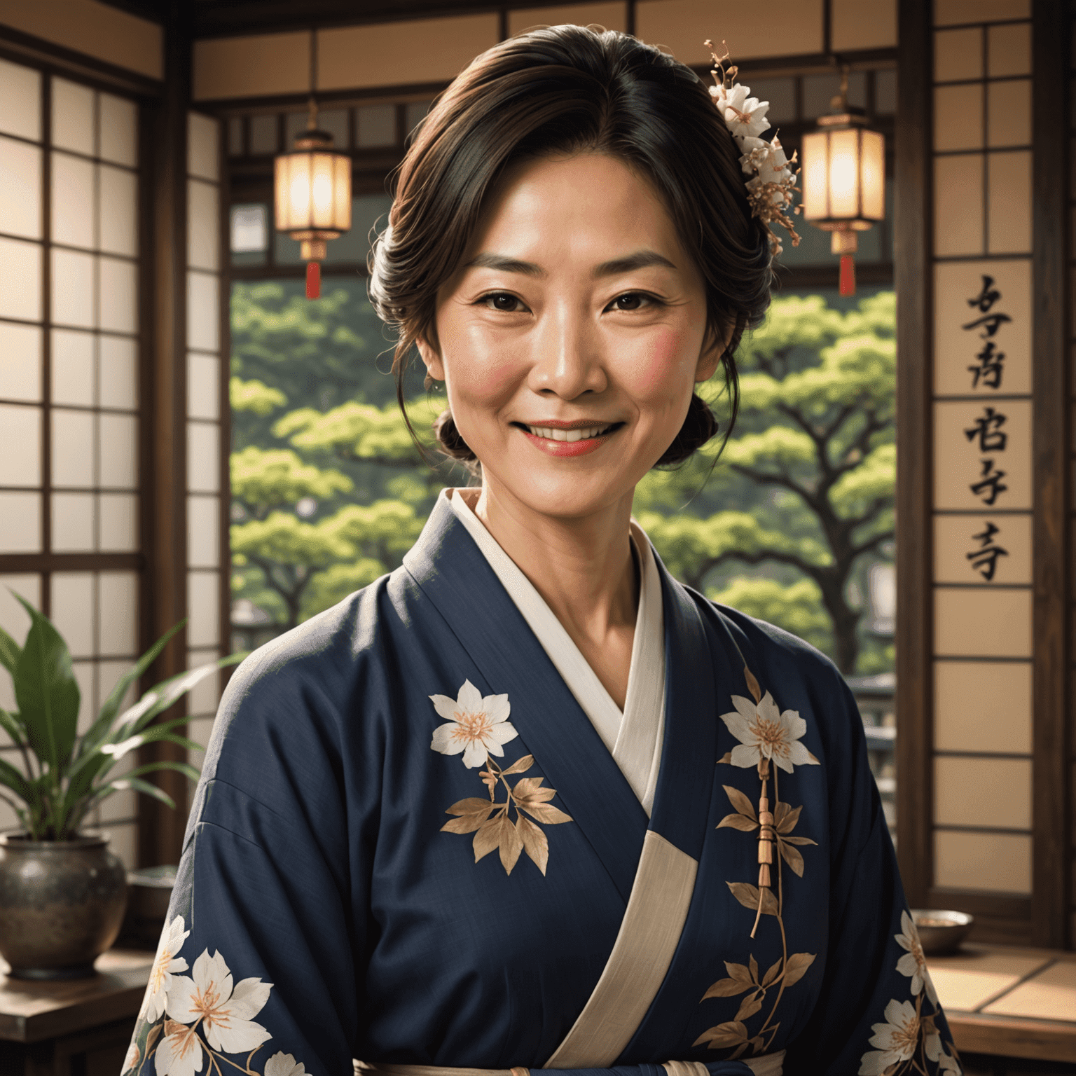 Yuki Tanaka, a middle-aged Japanese woman with a warm smile, wearing professional attire with a touch of traditional Japanese elements