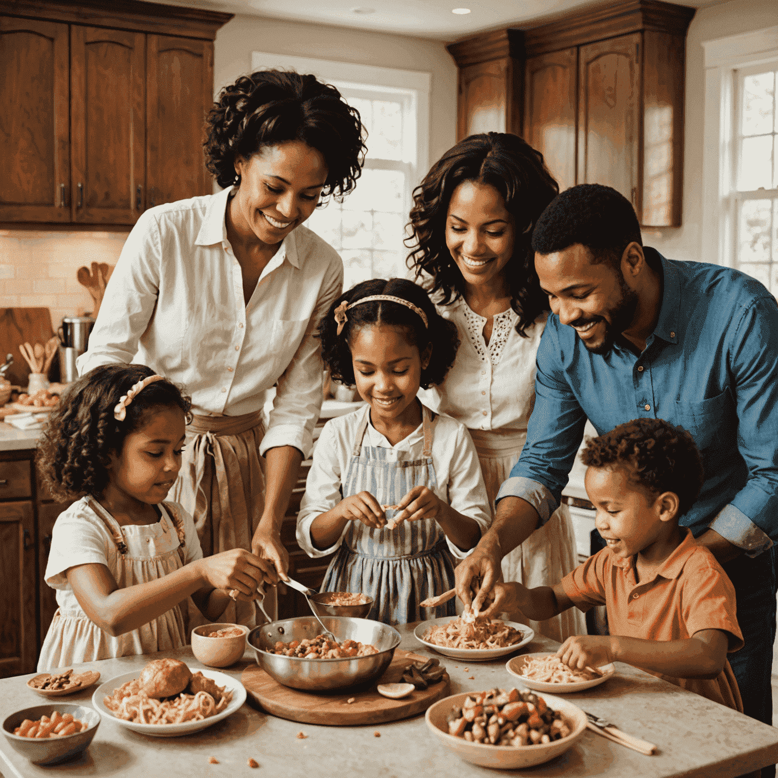 A diverse group of family members engaged in a fun tradition like cooking together, playing games, or participating in a cultural ceremony, showcasing the variety of family traditions