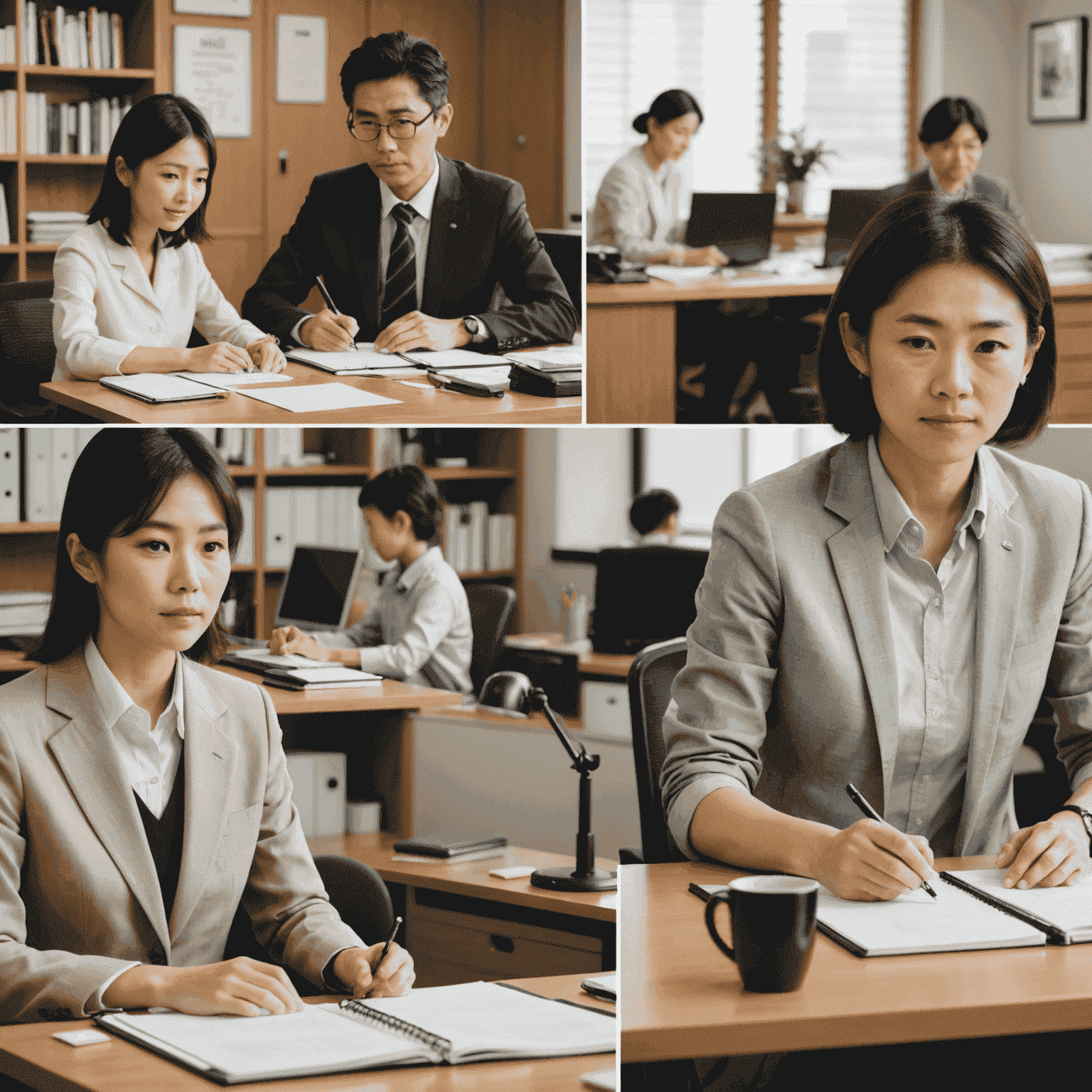 A split image showing a Japanese office worker at their desk and the same person at home with their family, illustrating the balance between work and family life.