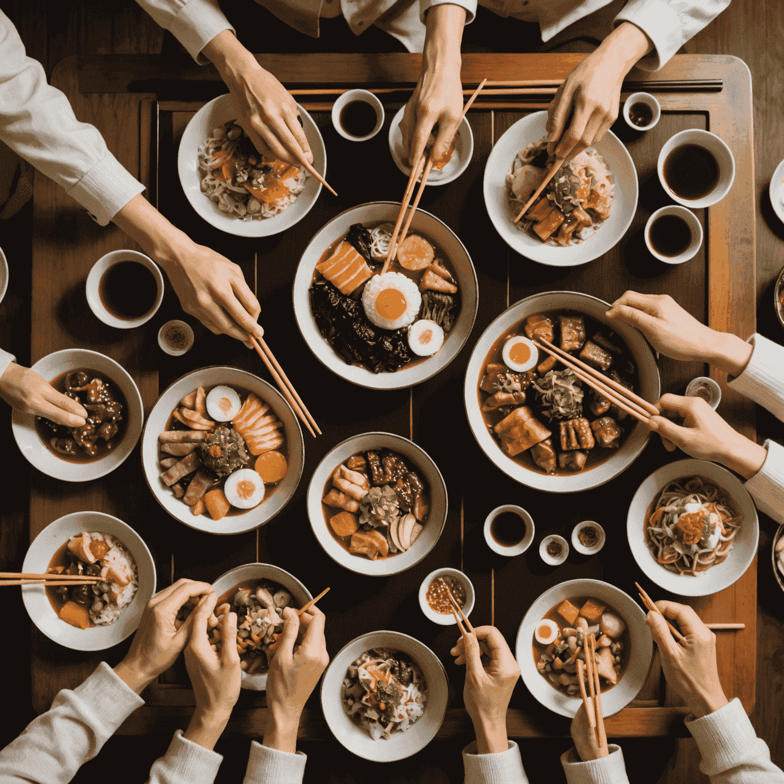 A close-up of a Japanese family dinner table, showcasing various seasonal dishes, chopsticks, and hands reaching for food, symbolizing sharing and togetherness.