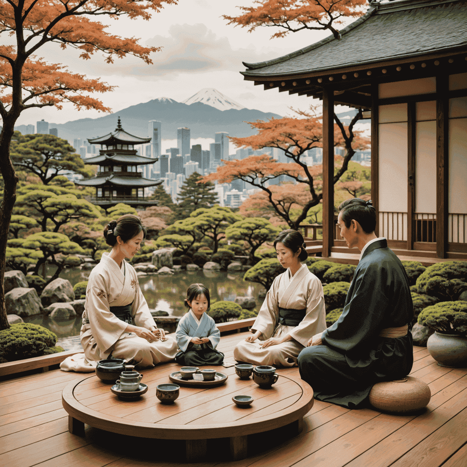 A serene Japanese garden with a family of four sitting on a wooden deck. They are engaged in a tea ceremony, symbolizing the blend of tradition and family bonding. The backdrop shows a modern cityscape, representing the balance between work and family life.