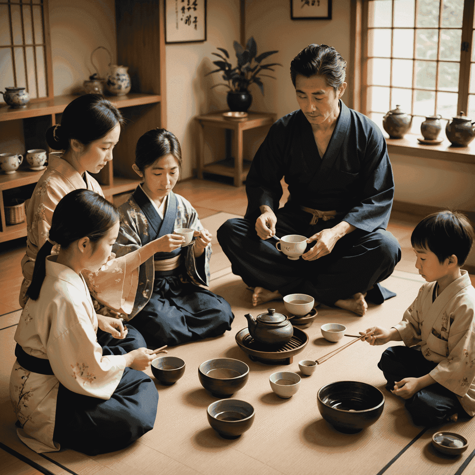 A modern Japanese family enjoying a simplified tea ceremony in their living room. The image shows a mix of traditional tea utensils and contemporary cups, with family members dressed casually, emphasizing the adaptation of this ritual for everyday life.