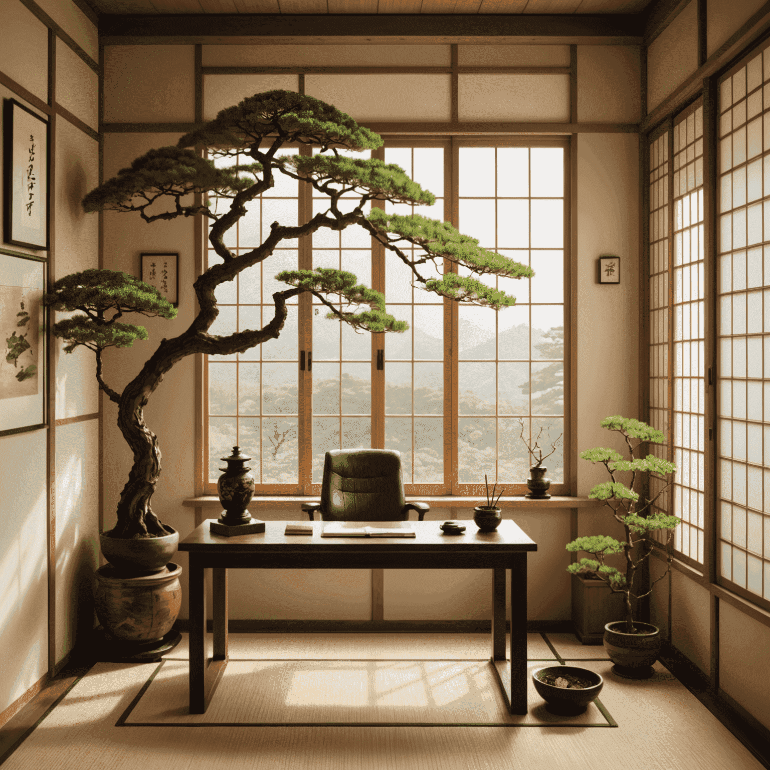 A Japanese-style home office corner with a low wooden desk, bonsai tree, and shoji screen divider, allowing natural light to filter through