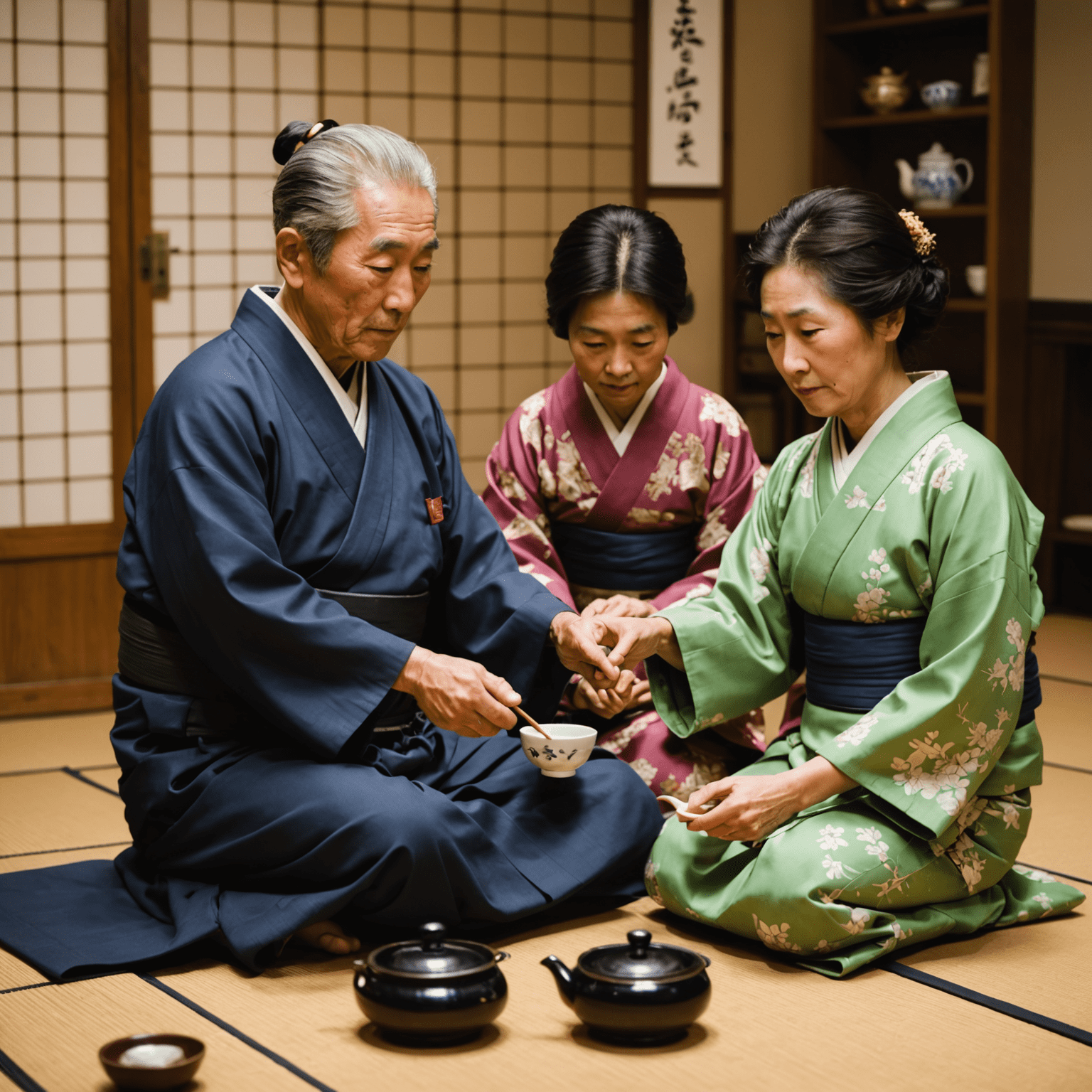 A Japanese family participating in a tea ceremony together. The image shows an elderly family member demonstrating the proper technique to younger generations, fostering a sense of cultural continuity and respect.