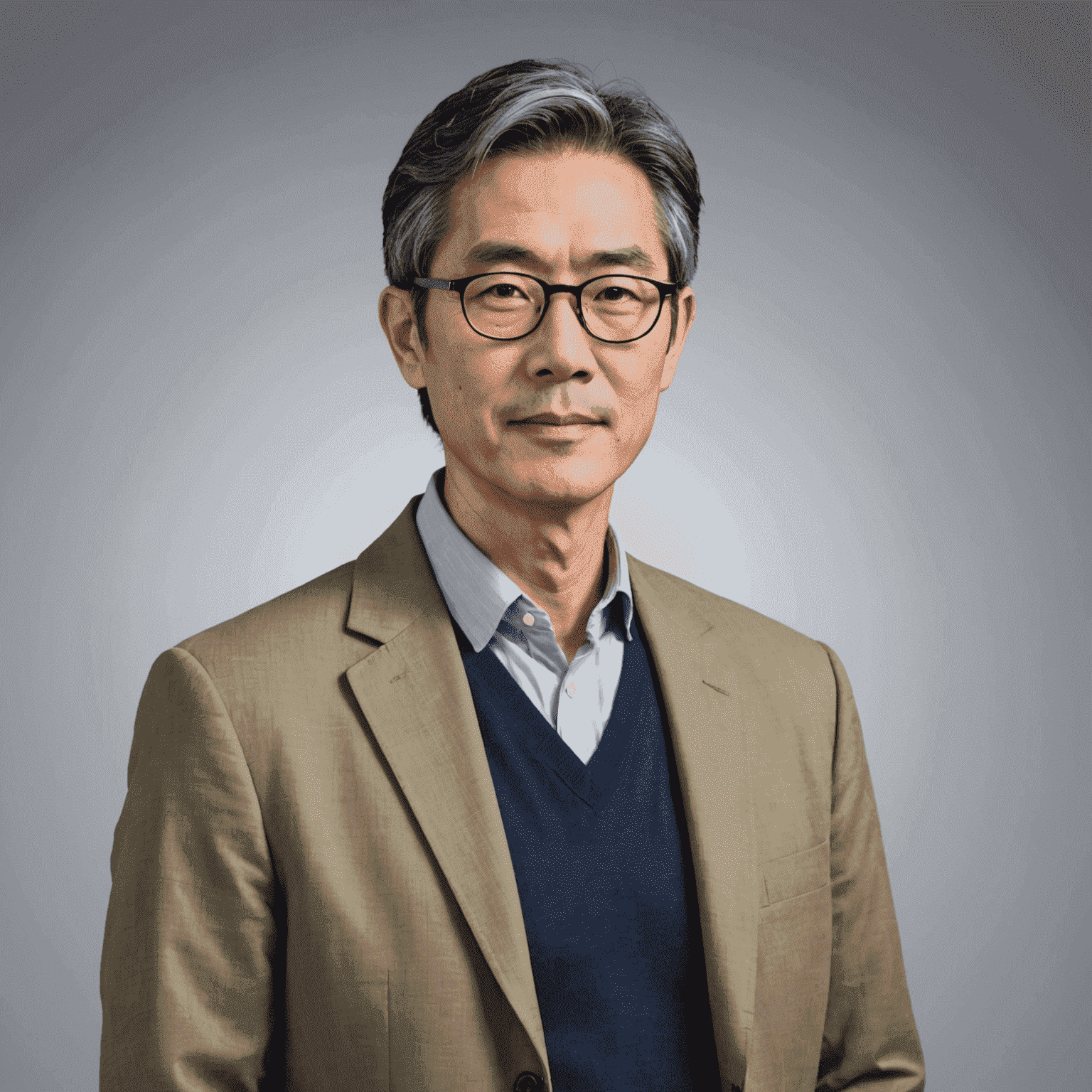 Dr. Hiroshi Sato, a distinguished-looking Japanese man in his 50s, wearing glasses and a casual but professional outfit