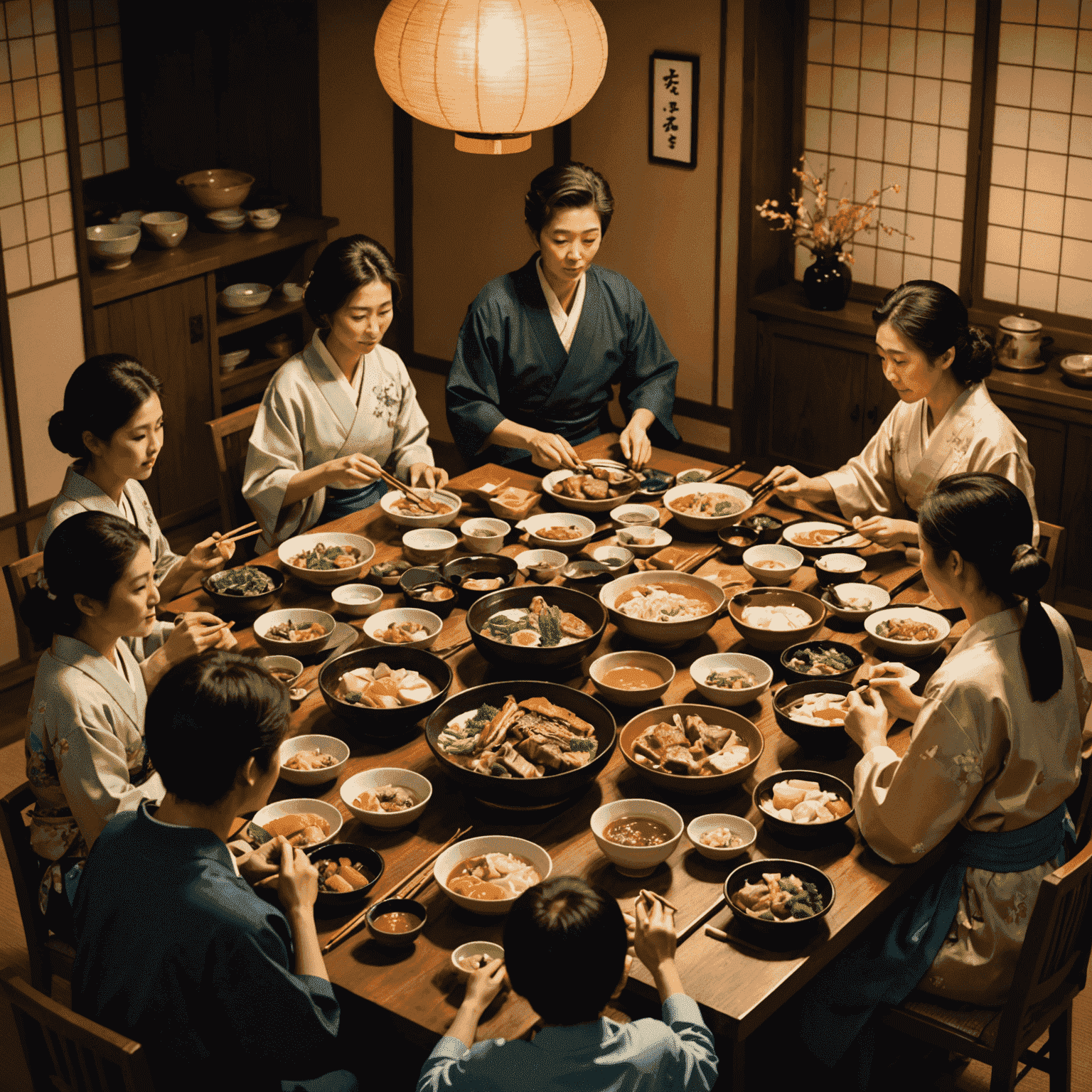 A Japanese family gathered around a low table, enjoying a traditional meal together. The image shows various dishes, chopsticks, and warm lighting, emphasizing the intimate atmosphere of a family dinner in Japan.