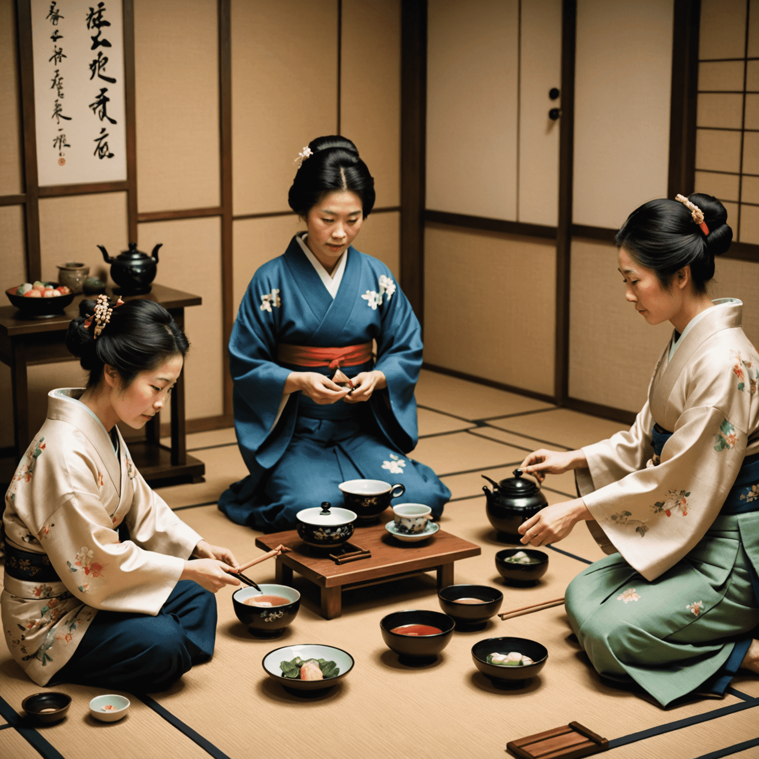 A collage of traditional Japanese family rituals, including tea ceremony, New Year's celebrations, and modern adaptations of these customs.