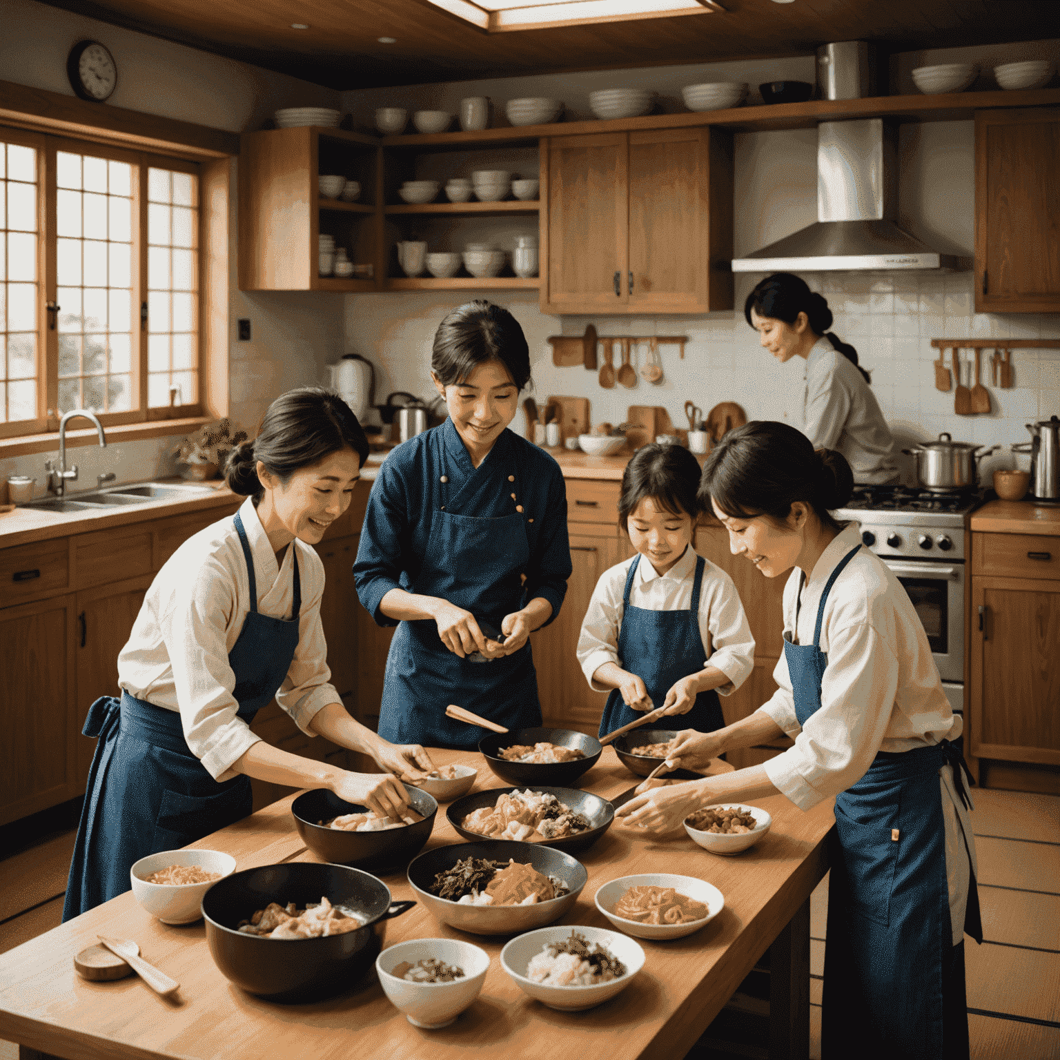 A modern Japanese kitchen with family members of all ages preparing a meal together, showcasing the passing down of culinary traditions and the joy of cooking as a family.