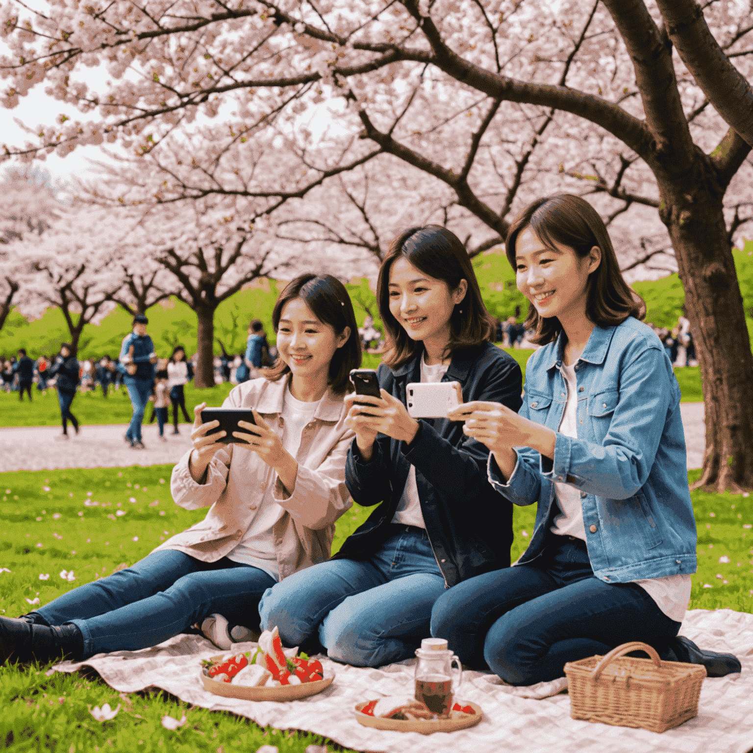 A Japanese family enjoying hanami (cherry blossom viewing) in a city park. The image shows them using smartphones to take selfies and share photos, while also participating in traditional picnicking under the cherry blossoms.