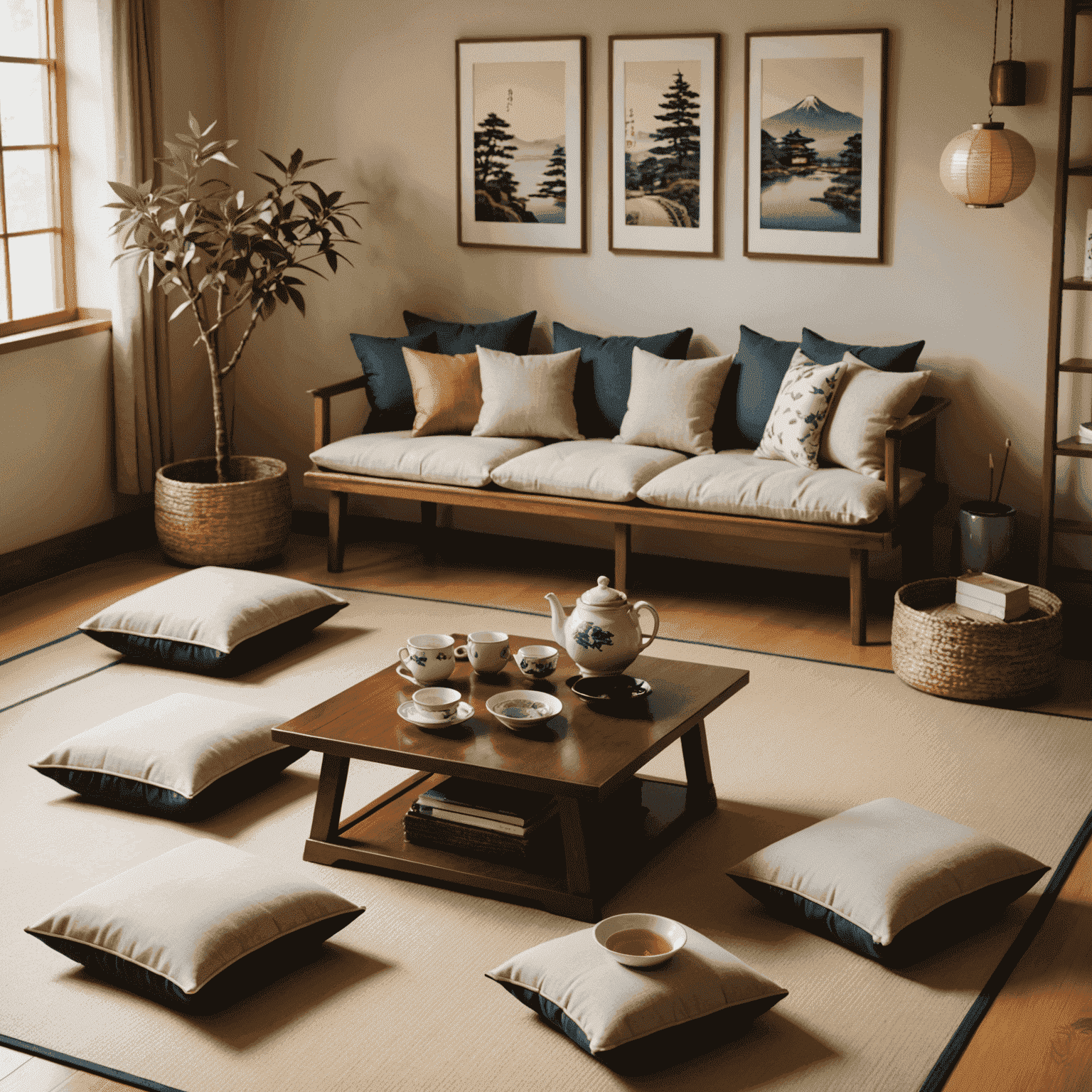 A cozy corner in a Japanese home office with a family photo display, comfortable floor cushions, and a small traditional tea set for breaks