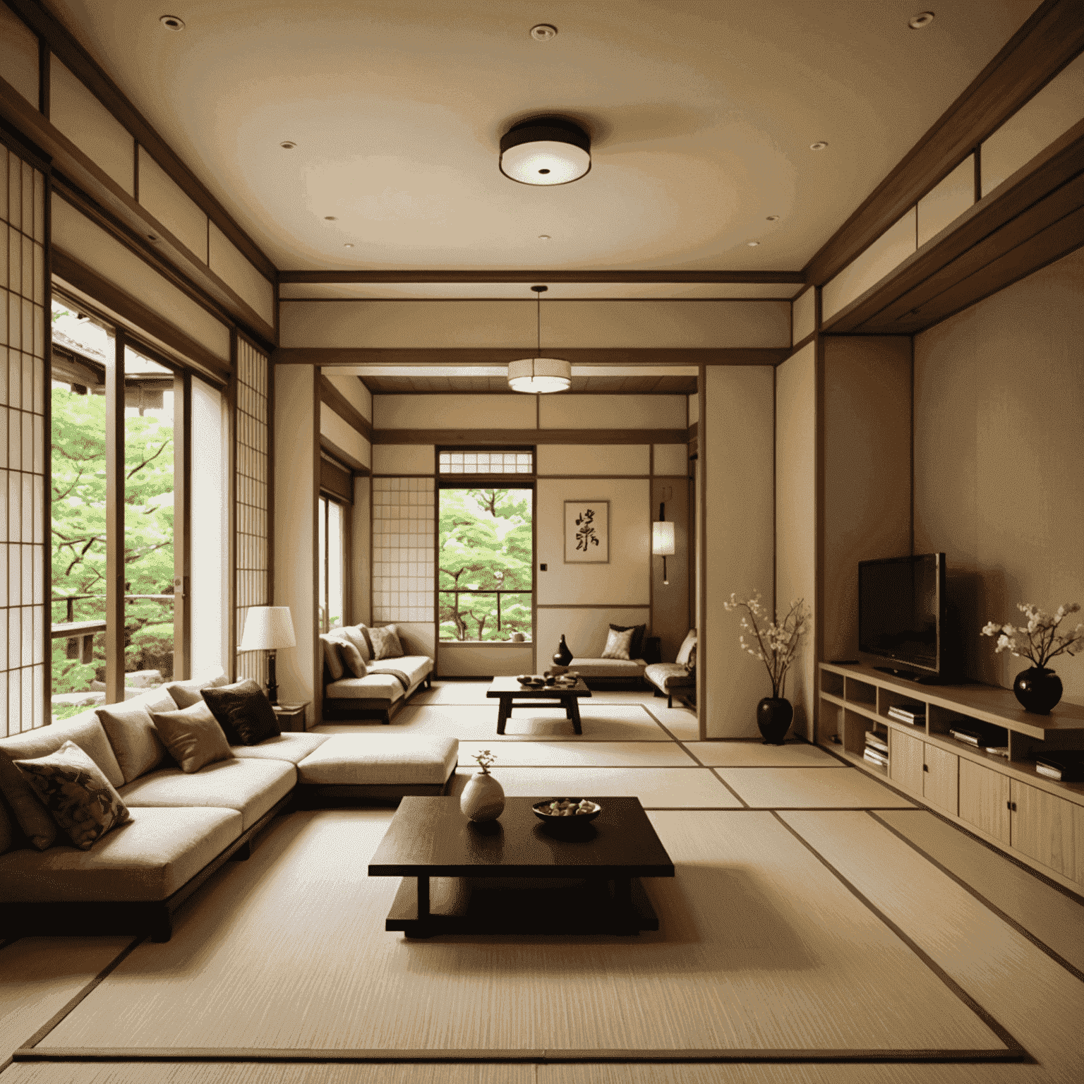 A modern Japanese living room designed for multi-generational use. The space features both traditional elements like tatami mats and modern amenities, showcasing how different generations can comfortably coexist.