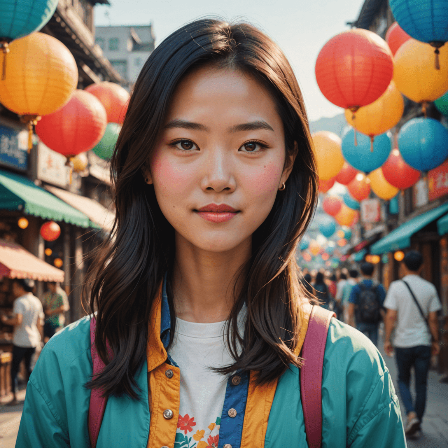 Emma Chen, a young Asian woman with a friendly expression, dressed in colorful, modern clothing that reflects her international background