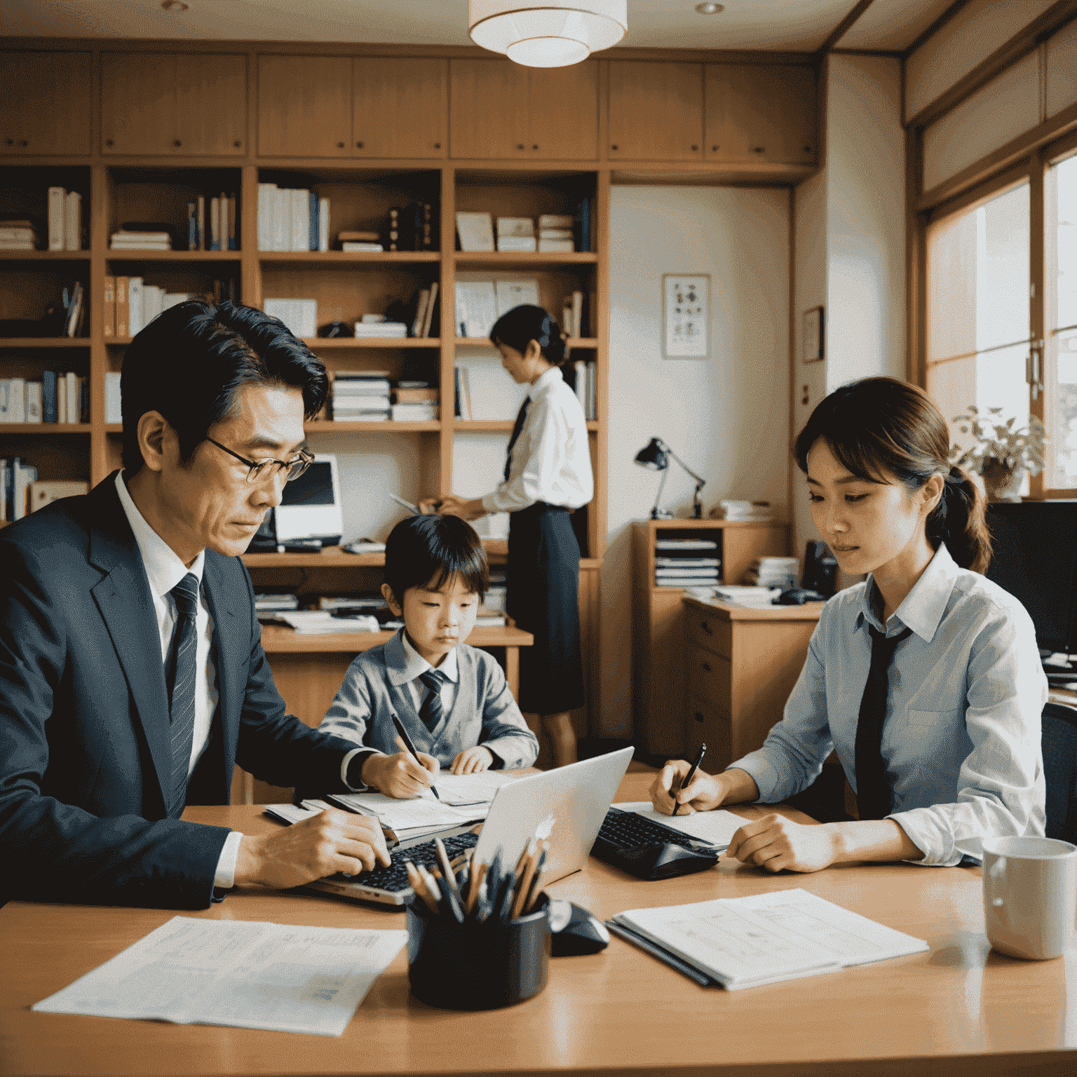 A split image showing a Japanese office worker at their desk and the same person at home with their family. The contrast highlights the challenge and importance of balancing work and family life in Japan.