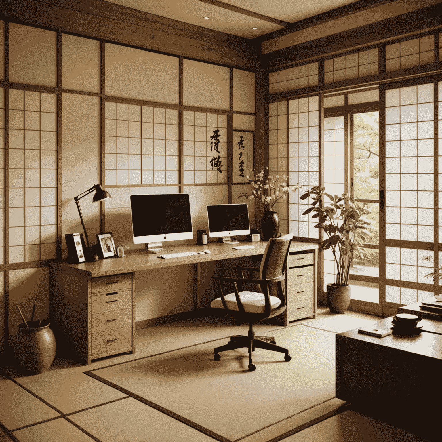 A well-organized Japanese home office space with traditional elements like shoji screens and modern technology, showcasing a harmonious blend of work and family life.