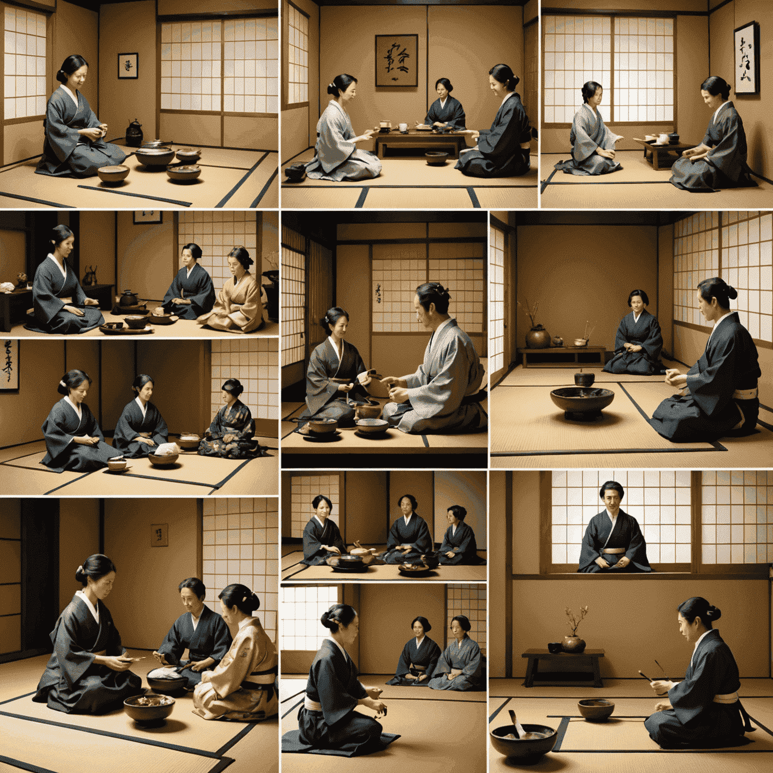 A collage of images showing traditional Japanese family rituals such as tea ceremony, New Year's celebrations, and modern adaptations of these traditions in contemporary Japanese homes.