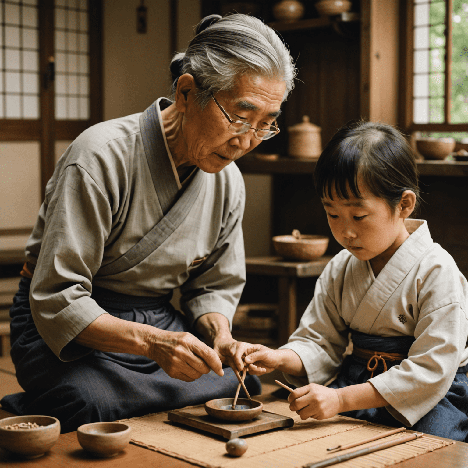 A heartwarming scene of a Japanese grandparent teaching a traditional craft to their grandchild, with parents looking on, symbolizing the strengthening of intergenerational bonds.